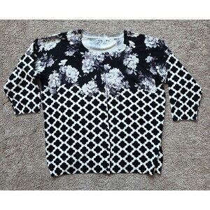Isaac Mizrahi Cardigan Sweater L Floral Geometric Print 3/4 Sleeve Black A264683